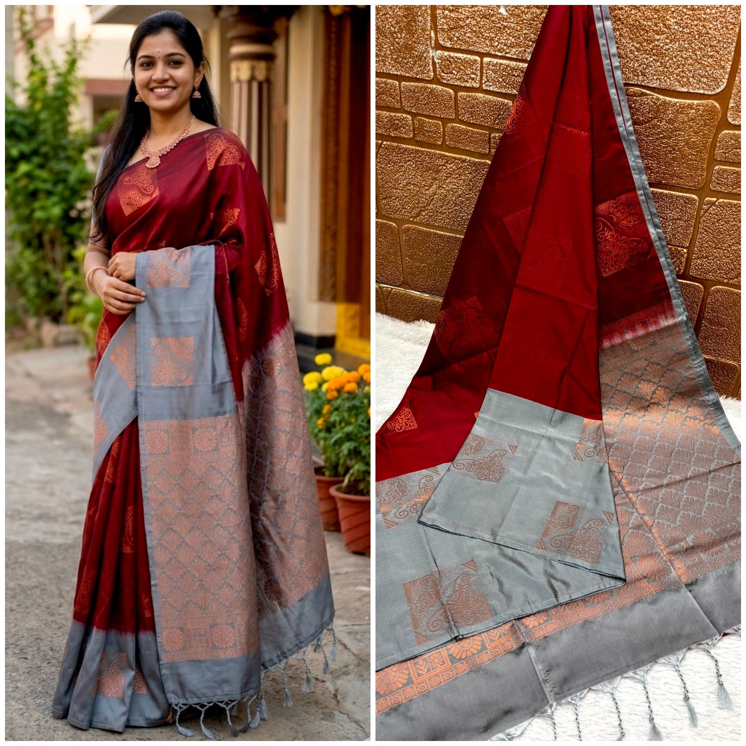 Deep Maroon and Ash Grey Semi-Kora Muslin Cotton Saree